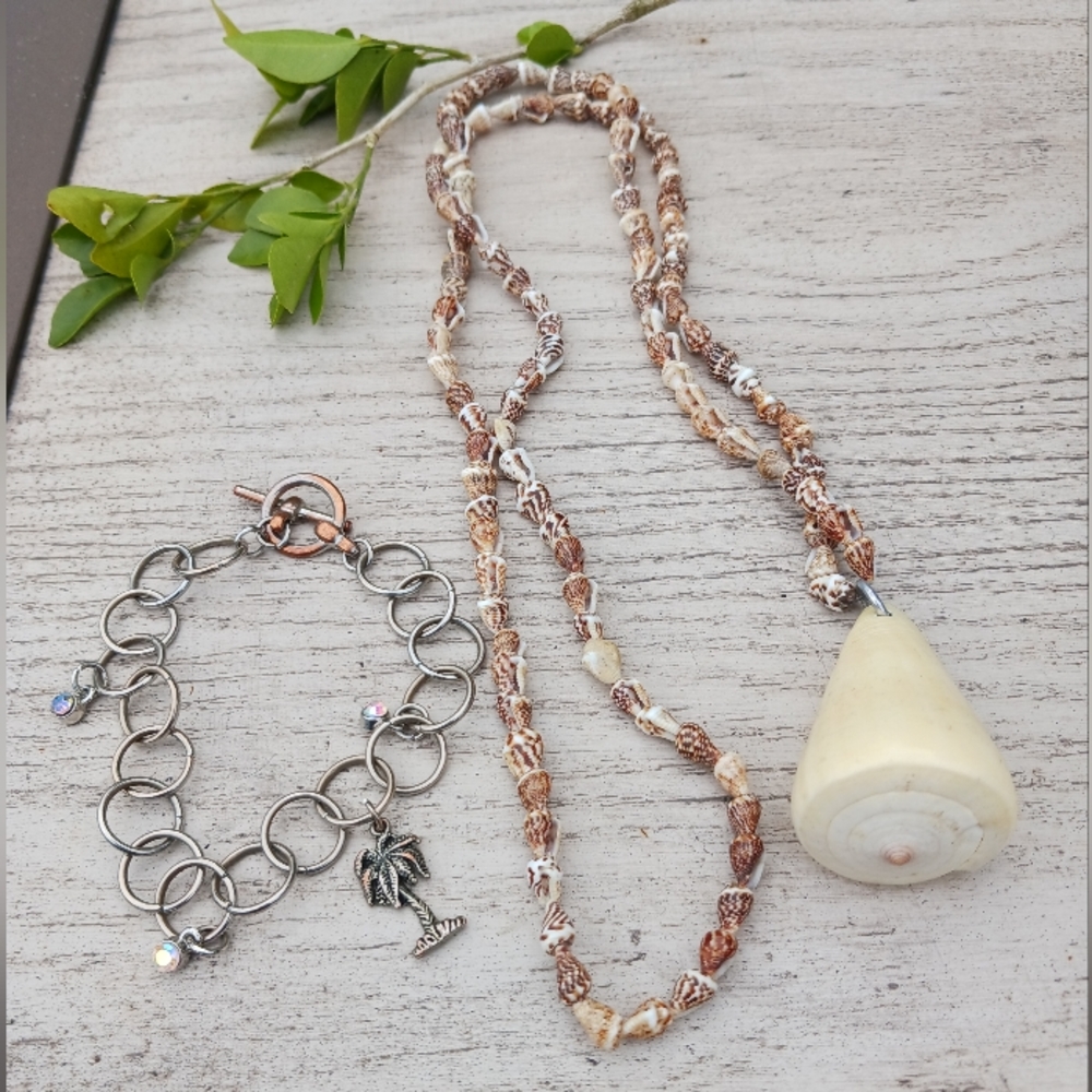 Set 2 - Sea Shell Necklace & Palm Tree Charm Bracelet